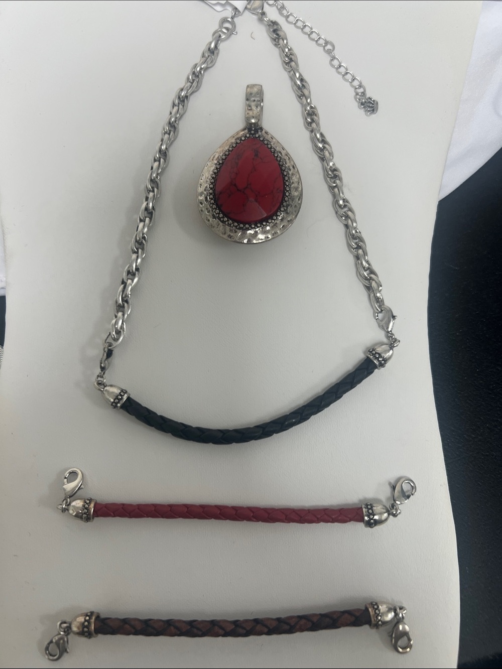 Reversible Bold Red Teardrop Pendant Necklace with Silver-Tone Chain